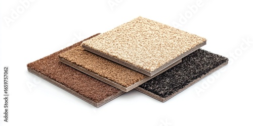 Three square carpet tiles are stacked on top of each other. The tiles are different colors: black, brown, beige, and dark gray.  © Creations Photo 