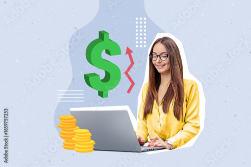 young woman in glasses sitting at laptop with dollar sign and stack of coins. Composite collage