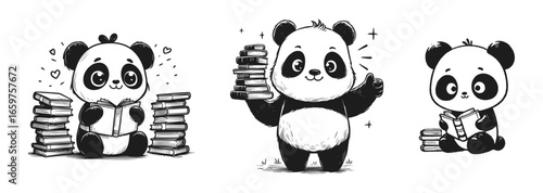 Whimsical cartoon pandas reading and playing with books in monochrome sketch style, vector