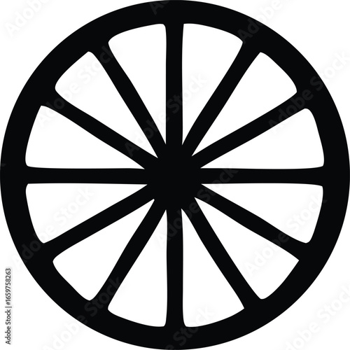 Classic black wheel with many spokes symbolizing movement progress transportation mechanical engineering and automotive design
