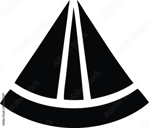 Abstract black geometric shape resembling sailboat or pyramid with curved base and internal divisions isolated on white