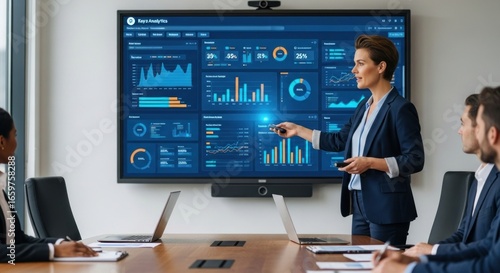 Business Leader Presenting Data Analytics in Modern Boardroom Meeting