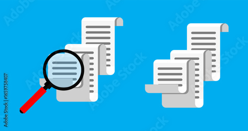 Magnifying glass over documents with text lines. Paper sheets. Search and review concept for business, legal, audit.