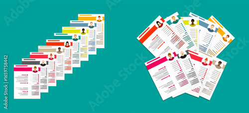 Stacked pile of resumes in a row and scattered resumes symbolize job search, candidate selection process, and recruitment.