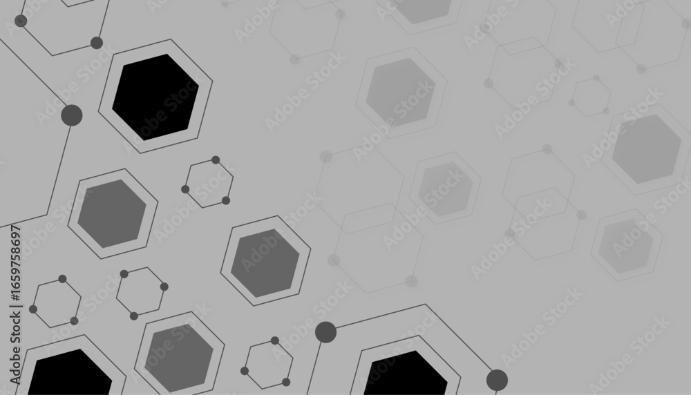 Abstract gray background with 3D black hexagons. Digital future technology concept. Scientific, technological molecular medical background. hexagon DNA network. hexagon, honeycomb, hexagonal