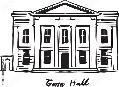 Ink drawing of Salford Town Hall in England, neoclassical architecture with columns and pediment, black and white line art sketch of historic civic building.