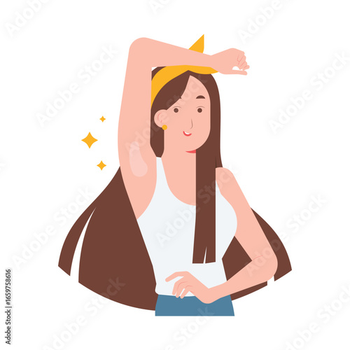 Young woman wearing tank top with arm raised above her head revealing clean smooth armpit, facial and skin care concept illustration