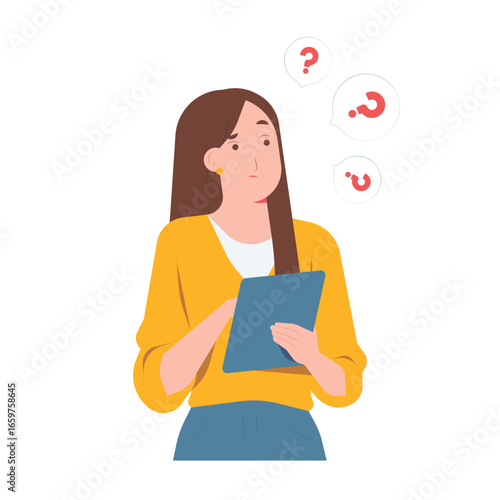 Pensive woman holding tablet with question marks in thought bubbles, puzzled and confused expression, problem solving and decision making concept illustration