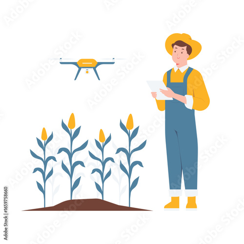 Farmer holding tablet monitoring, and controlling drone flying over field of corn crops, smart agricultural technology concept illustration