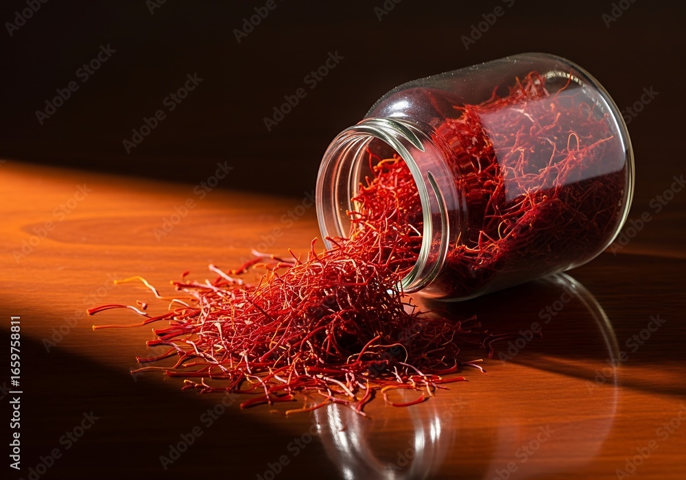 Fototapeta premium Saffron threads spilling from jar, luxury spice with warm light