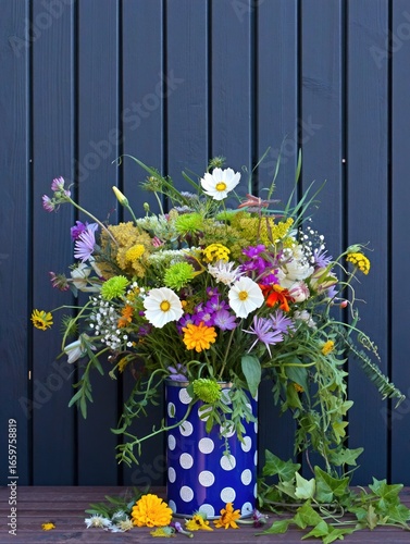 A beautiful bouquet of colorful flowers in a blue polka dot vase against a wooden background.