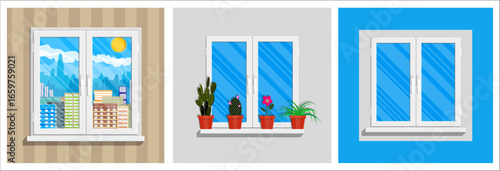 Set of window views with cityscape and potted plants illustration. Home interior and city life concept. Graphic element for design.