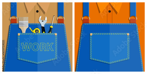 A pair of orange and brown shirts with blue overalls, one showing work tools and the word work, for handyman concept.