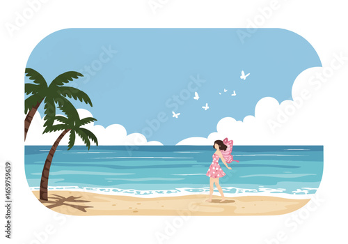 Illustration of a woman in a pink dress with wings walking on a tropical beach.