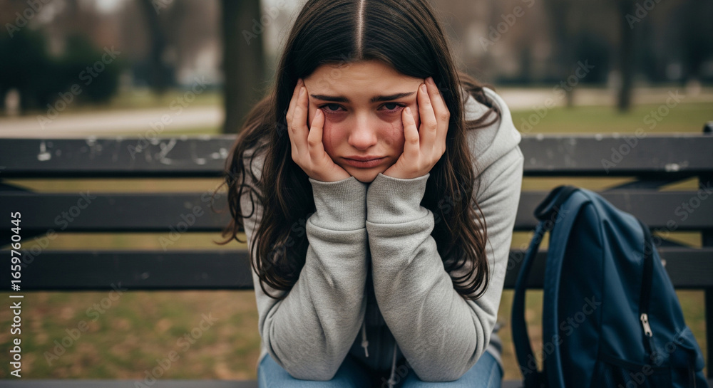 Fototapeta premium Upset, depressed teenage girl after being bullied by peers. Bullying at school, bullying at work, bullying among friends