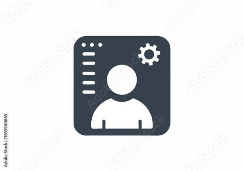 A dark grey icon featuring a user silhouette, a menu, and a settings cog, symbolizing account management.