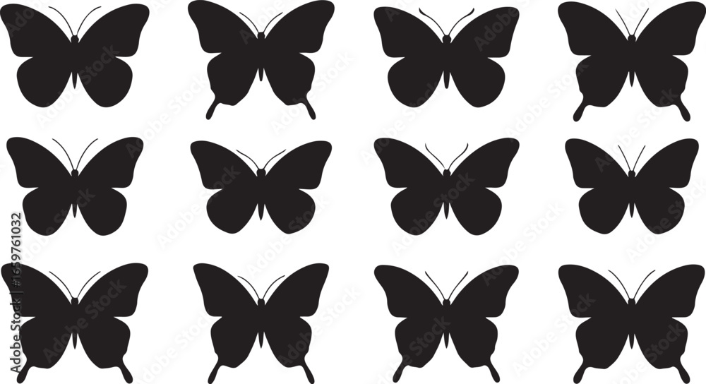 Obraz premium Black butterfly silhouettes. Outline butterflies romantic tattoo, tropical insects stencil. Summer and spring exotic symbols isolated vector set. Elegant wild flying moth of various shapes