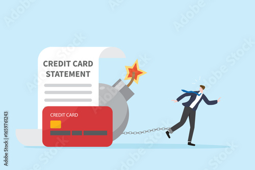 Credit card debt or overspending problem, financial failure concept. Salaryman trapped by debt and looking at unpaid bills with ticking time bomb vector flat illustration.