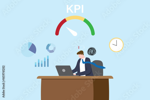 Work hard or work overtime, busy and urgent assignment, overworked, exhausted or stressful responsibility low performance concept. Businessman work with anxiety low KPI illustration flat vector.
