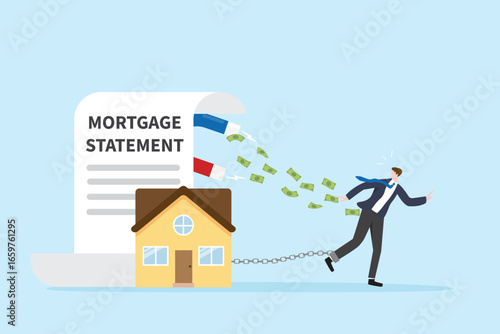 Home loan or mortgage loan, overspending problem, financial failure concept. Salaryman trapped by debt and looking at unpaid bills with magnet vector flat illustration.