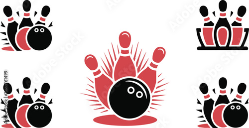 Bowling symbols with equipment and decorative elements 