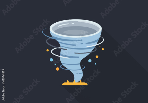 A stylized flat design illustration of a powerful tornado vortex with swirling winds and debris against a dark background.