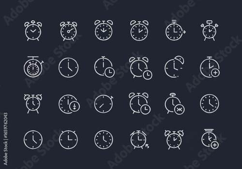 A collection of minimalist white outline icons representing various clocks, alarms, and time-related concepts on a dark background.