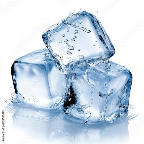 Clear Ice Cubes Splashed with Water on a White Background