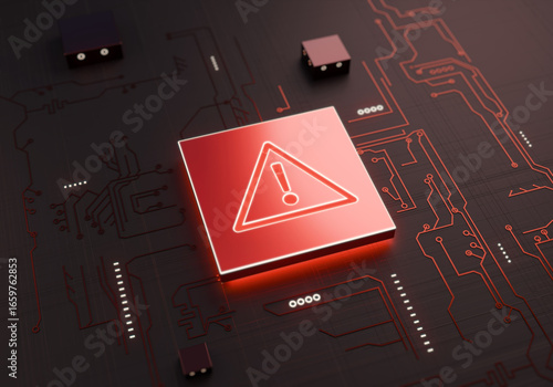 Fototapet Warning on the Circuit: A close-up shot of a computer circuit board, where a vibrant red warning sign stands prominently, representing digital peril in a captivating high-tech scene