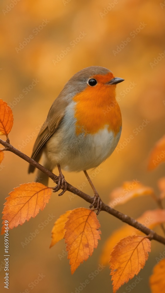 Fototapeta premium Vibrant robin perched autumn branch.