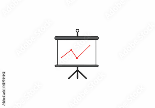 A minimalist icon of a presentation screen on a tripod, displaying a red line graph that shows an upward trend with a slight dip.