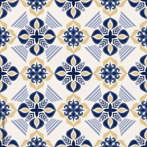 Floral geometric patterns for tile,Textile, border, background flat design on blue and white colour tone