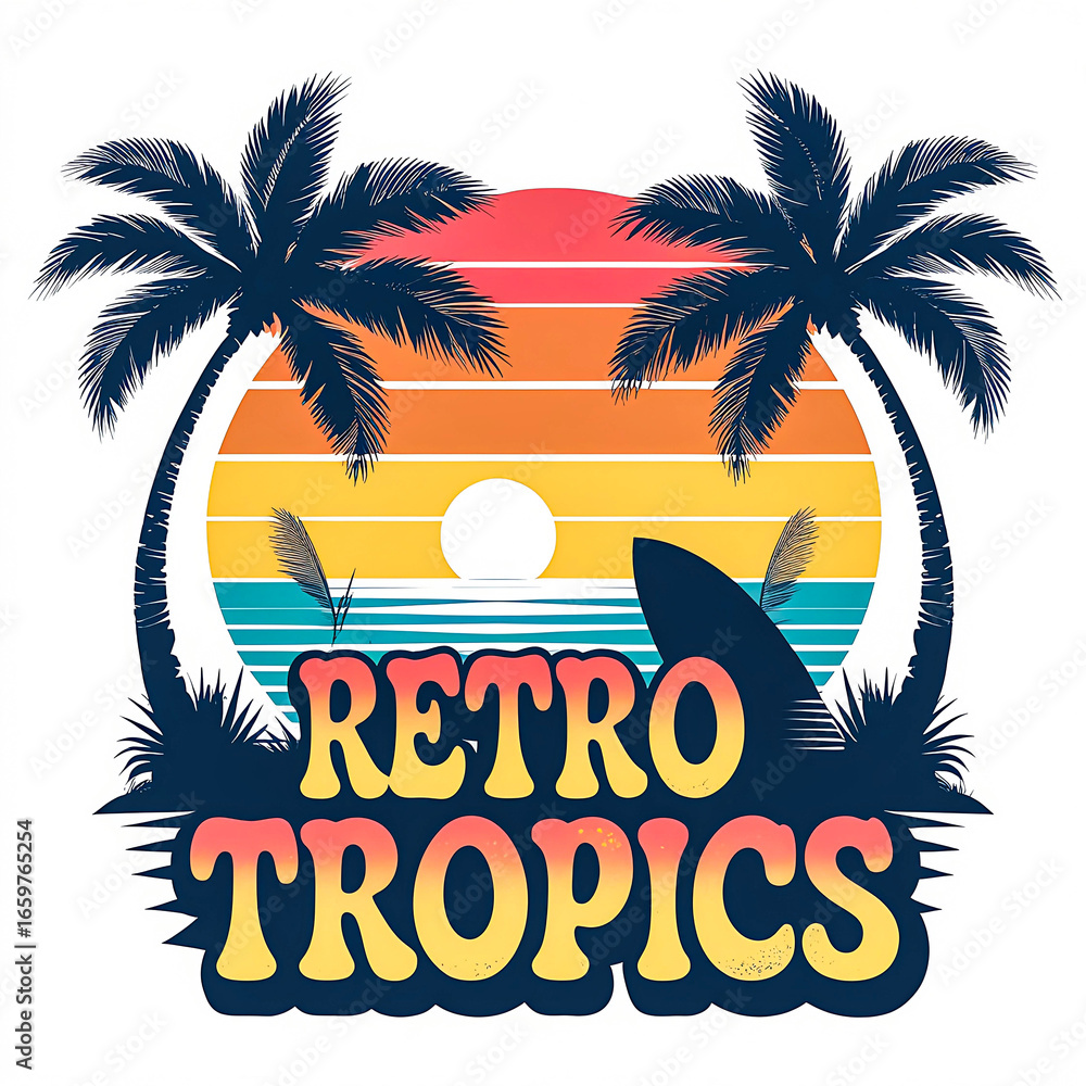 Fototapeta premium Retro Summer Fever Sunset Palm Tree Graphic Illustration for Trendy Beach Vibes and Tropical Vacation T-Shirt Design 