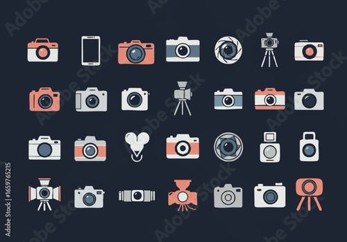A collection of flat design icons depicting various types of cameras, lenses, tripods, and other photography and videography equipment.