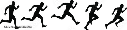 Running man silhouette vector set, athletic motion sequence, sprinting poses, human stride cycle, sports training illustration, black isolated figures, fitness concept