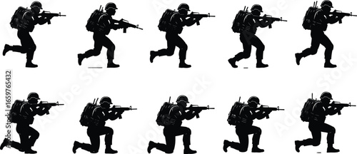Silhouette soldier vector set, running and kneeling positions, military rifle pose, tactical combat illustration, army squad formation, black isolated graphic