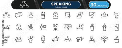 Speaking stroke icon editable outline vector, communication dialogue public talk presentation language voice message symbol design