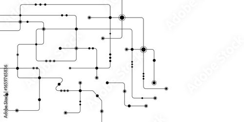 Vector design Network technology and Connection concept. Vector Technology connected white lines and dots with electronics elements on tech bg. Abstract geometric background of engineering drawing.