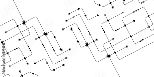 Vector design Network technology and Connection concept. Vector Technology connected white lines and dots with electronics elements on tech bg. Abstract geometric background of engineering drawing.
