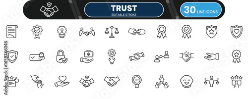 Trust stroke icon editable outline vector, handshake reliability partnership loyalty support relationship connection symbol design