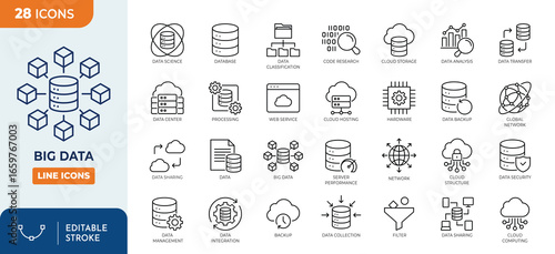 Big Data line editable icon set. Containing database, data center, server, storage, hosting, and more. Editable stroke. Vector Illustration