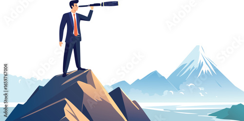 A businessperson standing on top of a mountain peak, holding a glowing telescope aimed at the horizon, symbolizing leadership, vision, and future planning.