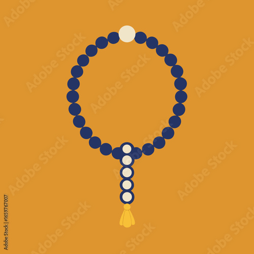 Icon of prayer beads on a yellow circle against a dark blue background