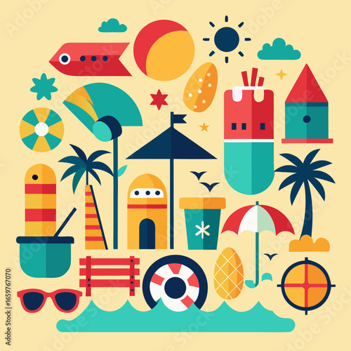 Colorful flat design of summer beach vacation elements and icons