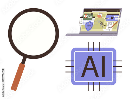Magnifying glass, AI processor, laptop screen with antivirus analytics. Ideal for cybersecurity, AI, technology, research, innovation digital protection online safety themes. Simple flat metaphor