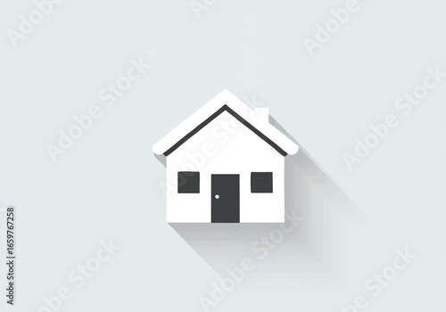 A minimalist white house icon with a long shadow effect on a light gray background, representing home and real estate.