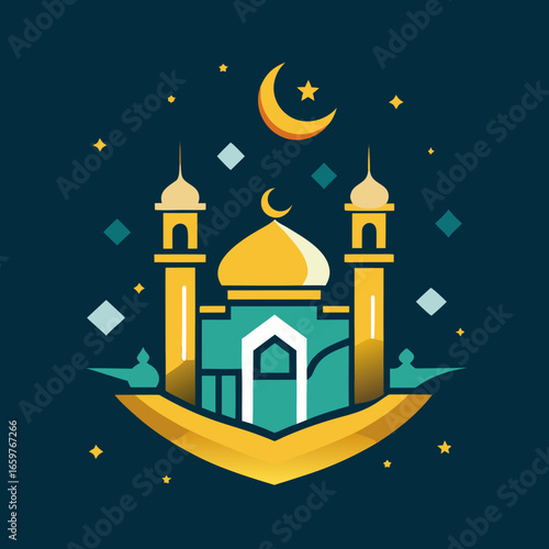 Colorful illustration of a mosque with eid greeting for festive celebrations