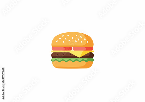 A classic cheeseburger with lettuce, tomato, and a sesame seed bun, depicted in a simple flat vector illustration style on a white background.