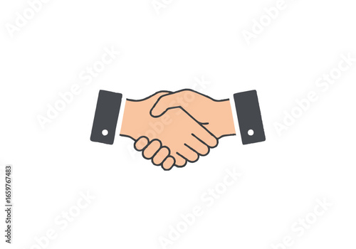 A simple flat vector icon of two hands shaking, symbolizing a business deal, partnership, or agreement.
