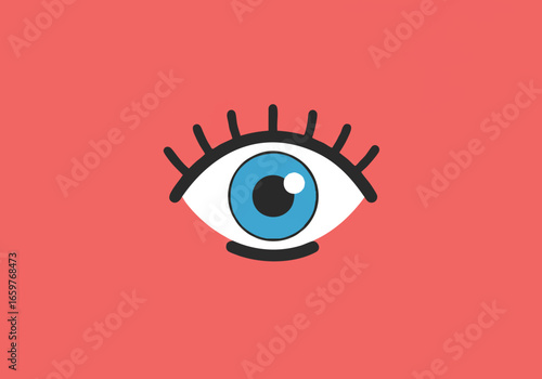 A simple, stylized illustration of a wide-open blue eye with thick black eyelashes on a solid coral pink background.